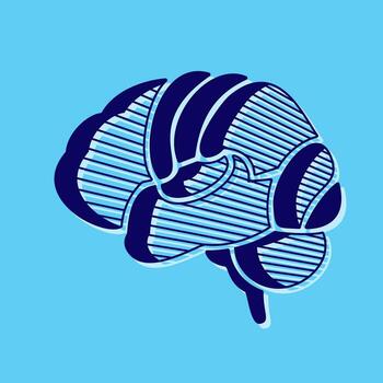 Modern graphic illustration of a human brain in a stylized, retro line art style. Using hatching to define the cerebral lobes, creating a sophisticated and intellectual look. vector