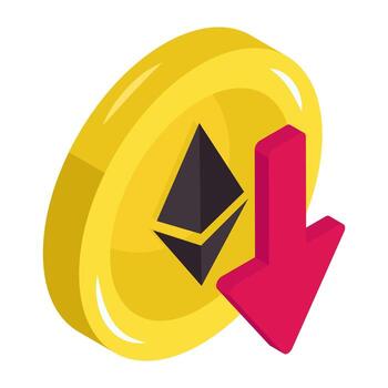An icon isometric design of ethereum value down vector