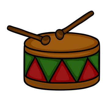 A charming illustration of a childs toy drum with red and green triangular patterns, complete with two brown drumsticks, ideal for festive designs. vector