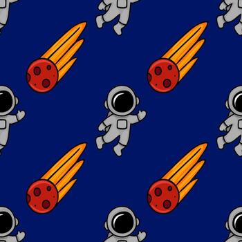 Seamless pattern featuring charming cartoon astronauts waving amidst fiery meteoroids on a deep blue cosmic backdrop, ideal for kids apparel or space themed projects. vector