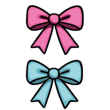 A illustration featuring two charming bows, one in soft pink and the other in a delicate light blue, both rendered in a cartoonish style with bold black outlines, creating a playful and whim... vector