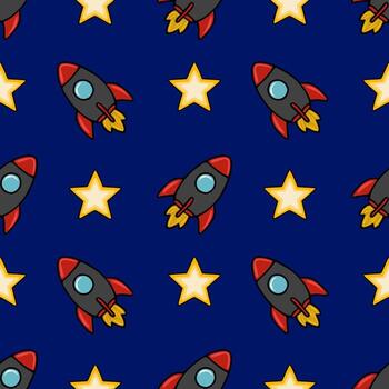 Seamless pattern featuring cartoon rockets soaring amidst bright yellow stars on a deep blue backdrop, creating a playful and vibrant space themed design. vector