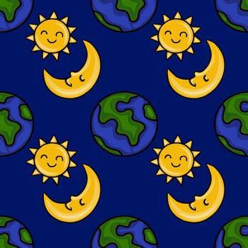 Seamless pattern featuring a playful depiction of a smiling sun, a sleeping crescent moon, and a stylized Earth, creating a cheerful cosmic design ideal for childrens products. vector