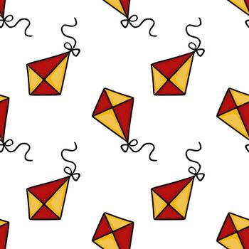 Seamless pattern of red and gold kites with black strings, a playful design for kids projects or festive backgrounds. vector