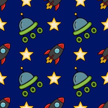Seamless pattern featuring playful rockets, wheeled spaceships, and yellow stars against a deep blue backdrop, creating a vibrant and cheerful space themed design ideal for kids products. vector