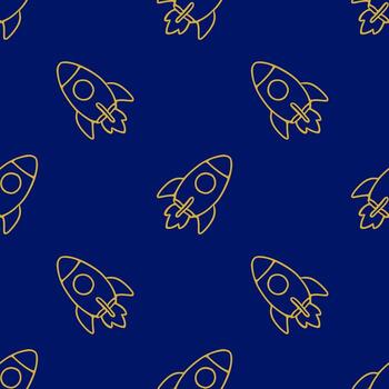 Seamless pattern featuring minimalistic golden rockets on a deep blue background, ideal for textile prints, wrapping paper, or web design projects. vector