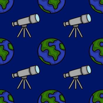 Seamless pattern featuring stylized Earth globes and telescopes against a deep blue backdrop, ideal for space themed designs. vector