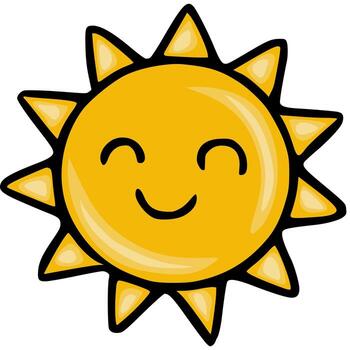 Adorable illustration of a smiling sun with a unique hand drawn style, featuring a cheerful expression and layered yellow tones for a playful and warm aesthetic. vector