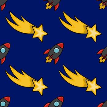 sin costura modelo presentando juguetón cohetes y disparo estrellas en un profundo azul fondo, ideal para para niños textil o espacio temática proyectos vector