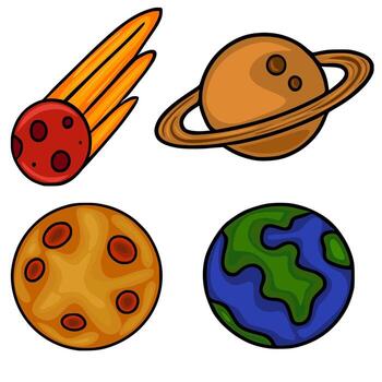 A playful illustration featuring a comet, Saturn, a rocky planet, and Earth, each rendered in a vibrant, cartoonish style with bold outlines and simplified details. vector