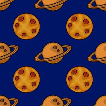 Seamless pattern featuring stylized planets with rings and moons against a deep blue backdrop, creating a cosmic and playful illustration ideal for textile design or space themed projects. vector