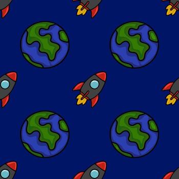 Seamless pattern featuring stylized rockets and planets on a dark blue background, creating a playful yet sophisticated space exploration theme. vector