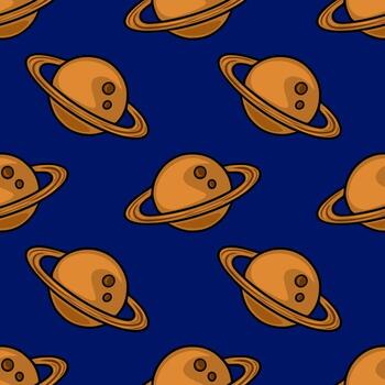 Seamless pattern featuring stylized planets with rings, rendered in warm orange hues against a deep blue backdrop, creating a cosmic and playful aesthetic. vector