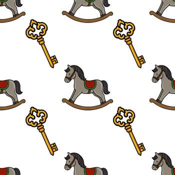 Seamless pattern featuring a whimsical illustration of grey rocking horses and ornate golden keys, creating a charming and nostalgic design. vector