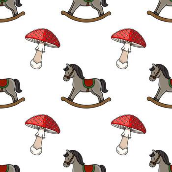 Seamless pattern featuring charming illustrations of rocking horses and fly agaric mushrooms, creating a whimsical and playful design perfect for childrens products or enchanting backgrounds. vector