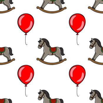 Seamless pattern featuring a playful arrangement of rocking horses and red balloons, creating a cheerful and whimsical design ideal for childrens products or festive occasions. vector