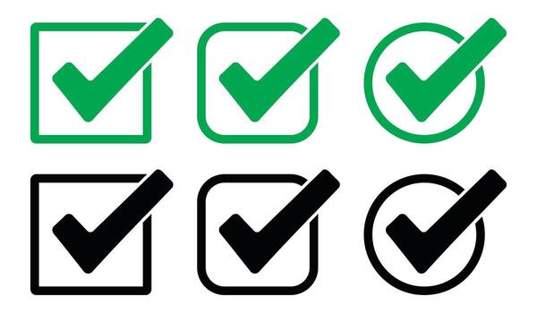 Green and black check mark icons in boxes and circles isolated on white background vector