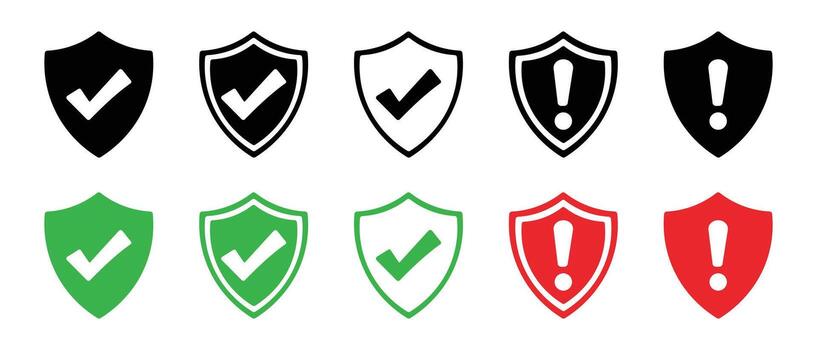 Collection of shield icons with checkmarks and exclamation marks isolated on white background vector