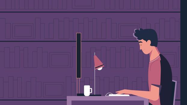 Man Studying at Desk in Library with Books vector