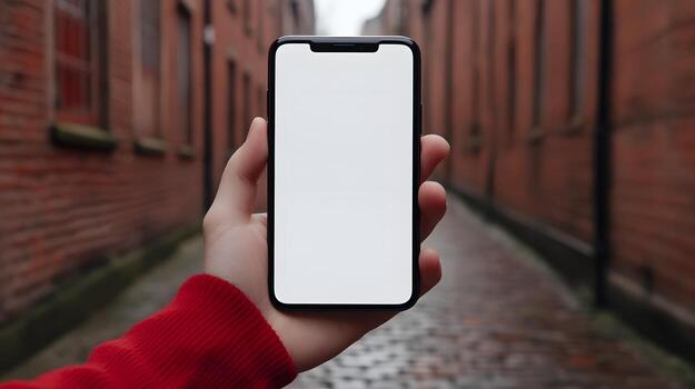 Handheld Smartphone with Blank White Screen in Urban Backdrop for App Mockup photo