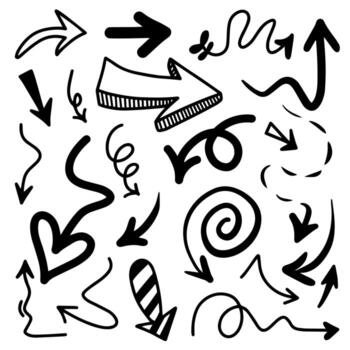 Set of simple lines hand drawn black arrows in various styles. Set of simple hand drawn black arrows. Set of simple lines hand drawn black arrows. vector