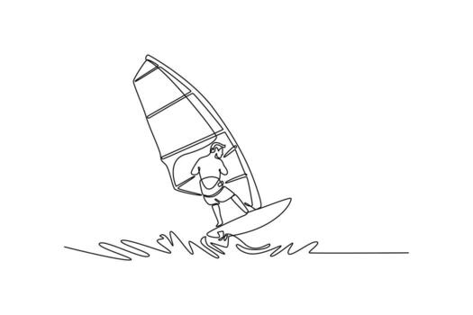 Single continuous line drawing back view of sportsman windsurfing on a large wave. Athletic skill, balance, control, energetic power of wind and ocean. One line draw graphic design illustration vector