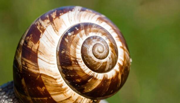 Close up snail shell spiral detail widescreen with copy space top natural texture pattern macro nature background biology design advertising template photo