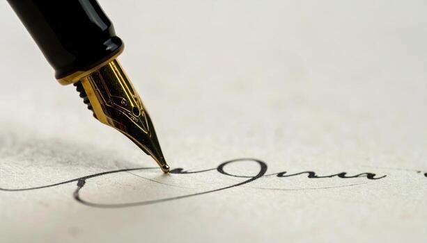 Close up fountain pen writing loop stroke detail widescreen with copy space top luxury stationery ink handwriting calligraphy design advertising background photo