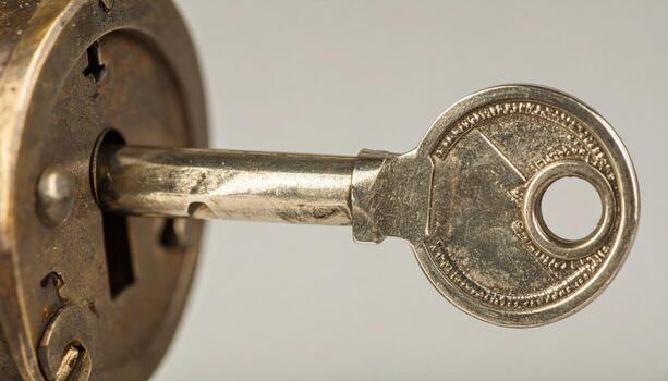 Close up key turning in lock detail widescreen with copy space right security access safety metal door mechanism design advertising background concept photo