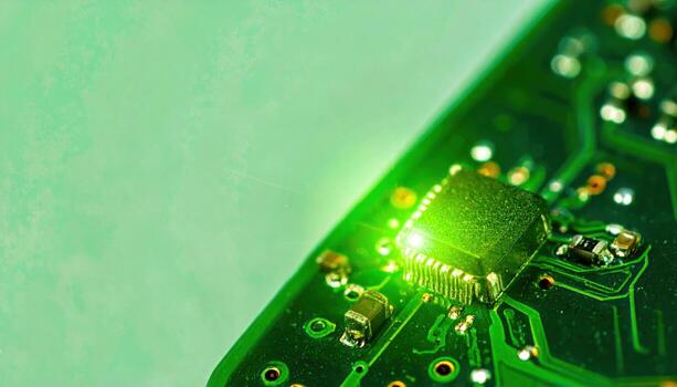 Close up circuit board capacitor glowing detail widescreen with blank copy space electronic component technology hardware design advertising background photo