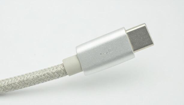 Macro braided USB C cable connector detail widescreen with clean copy space above modern technology accessory design advertising background photo