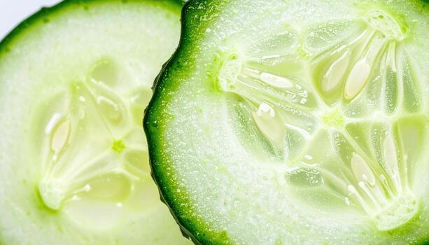 Macro fresh cucumber slice cross section detail widescreen with copy space right vegetable texture healthy food background design advertising template photo