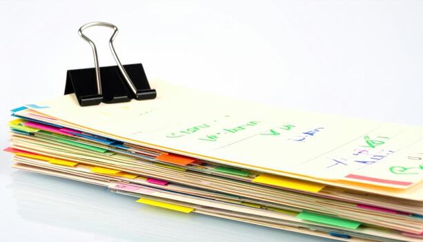 Close up index cards clipped with binder clip detail with copy space top office stationery note paper stack design advertising background productivity concept photo