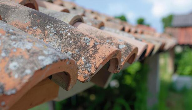 Close up of clay roof tile edge with rustic natural surface seamless texture wallpaper background architectural material pattern for design decoration traditional style photo