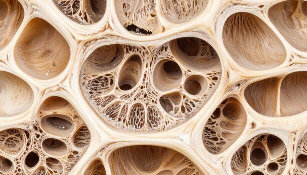Close up deer antler porous core section chalk neutral wallpaper background representing natural bone texture detail suitable for rustic design photo