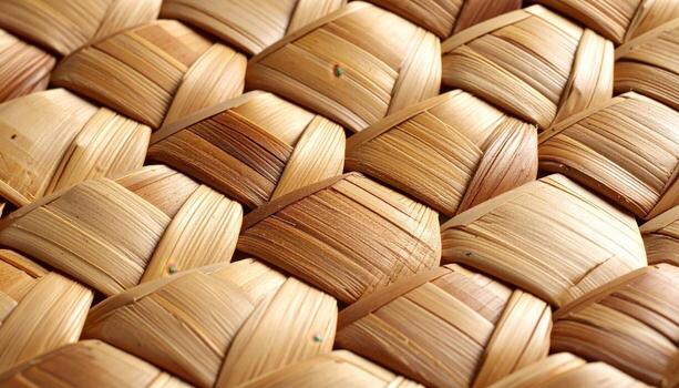 Close up rattan cane hex weave warm honey wallpaper background representing handmade texture detail suitable for rustic organic design photo