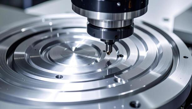 Close up CNC toolpath swirl on aluminum plate circular machining marks wallpaper background representing industrial texture detail suitable for modern design photo