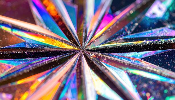 Close up diffraction starburst micro etched foil iridescent wallpaper background representing optical light detail suitable for abstract design photo
