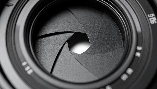 Close up camera lens aperture blade overlap matte graphite wallpaper background representing optical geometry detail suitable for modern design photo