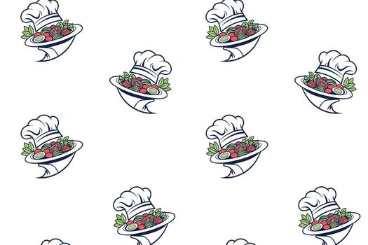repetitivo modelo de un del chef sombrero y un cuenco de ensalada lleno con varios vegetales. sencillo y artístico diseño, visualmente atractivo y consistente modelo a través de el todo imagen. vector