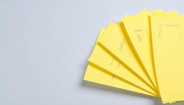 Close up sticky note stack fanned out detail with negative copy space on neutral background office stationery paper organization design advertising template photo