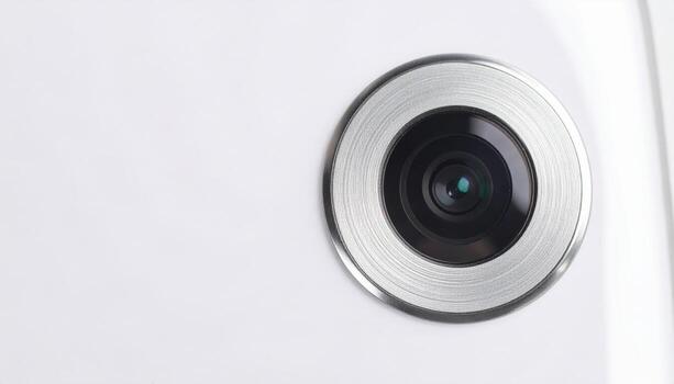 Close up smartphone selfie camera lens detail widescreen with blank copy space modern mobile device technology gadget design advertising background photo