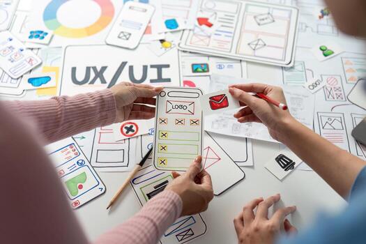 UX and UI Design Exploration. Team discussing mobile app layout and design elements. photo