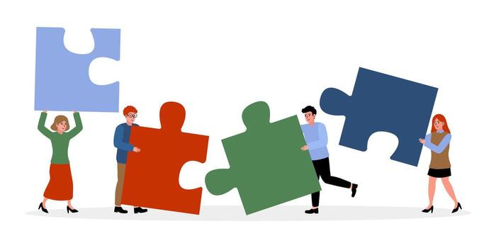 Team members collaborating to complete a puzzle in a creative office setting vector