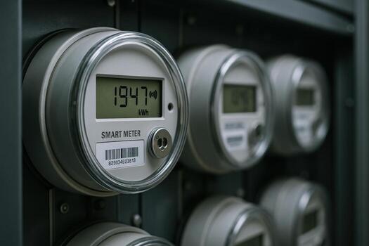 Digital electricity meters installed in a row display accurate energy consumption data, enhancing energy management and monitoring efficiency photo