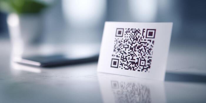 A macro view of a QR code on a Cyber Monday ad, highlighting its pixelated squares and sharp edges under soft light, with a blurred smartphone scanning it in the background. photo