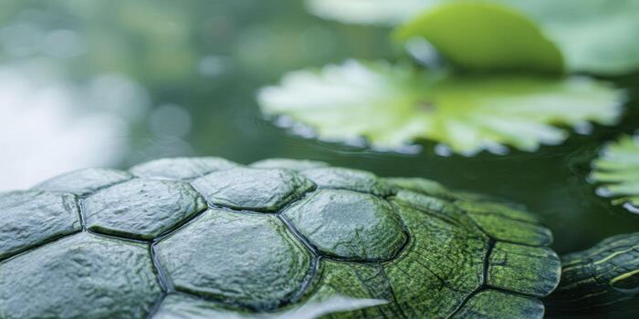 A macro view of a turtle's shell scales, highlighting their hexagonal pattern and rough texture, with a soft blur of green water and a lily pad in the background. photo