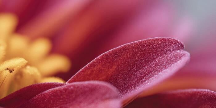 A macro view of a red zinnia petal, highlighting its vibrant color and fine texture, with a small pollen grain and a soft yellow petal edge blurred in the background. photo