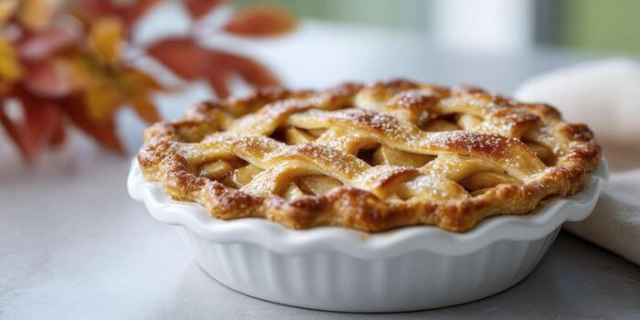A macro view of an apple pie lattice crust, capturing its golden-brown weave and sugary glaze under daylight, with a blurred pie dish and autumnal table in the background. photo