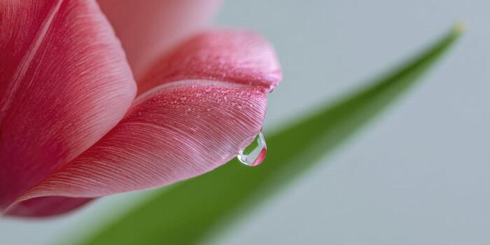 A macro view of a red tulip petal's edge, capturing its silky texture and subtle color gradients, with a single water droplet reflecting light and a blurred green stem in the background. photo